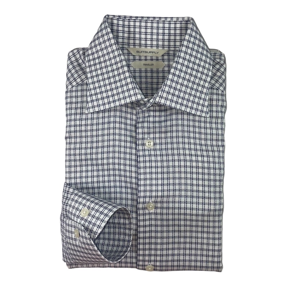 Suit Supply Traveller White Blue Checked Cotton Mens Button Front 14.5/37 Slim